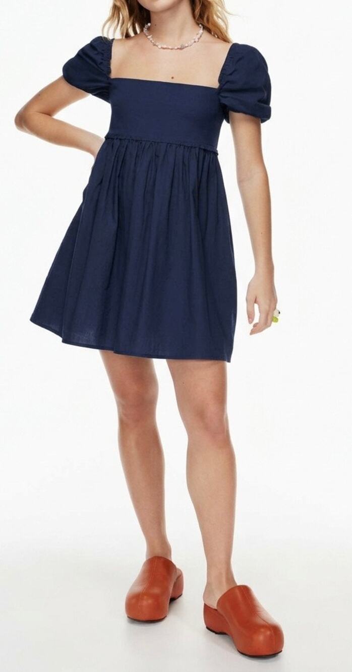 Sunday Best Mini Dress Navy Cotton Babydoll Square Neckline Puff Sleeve
